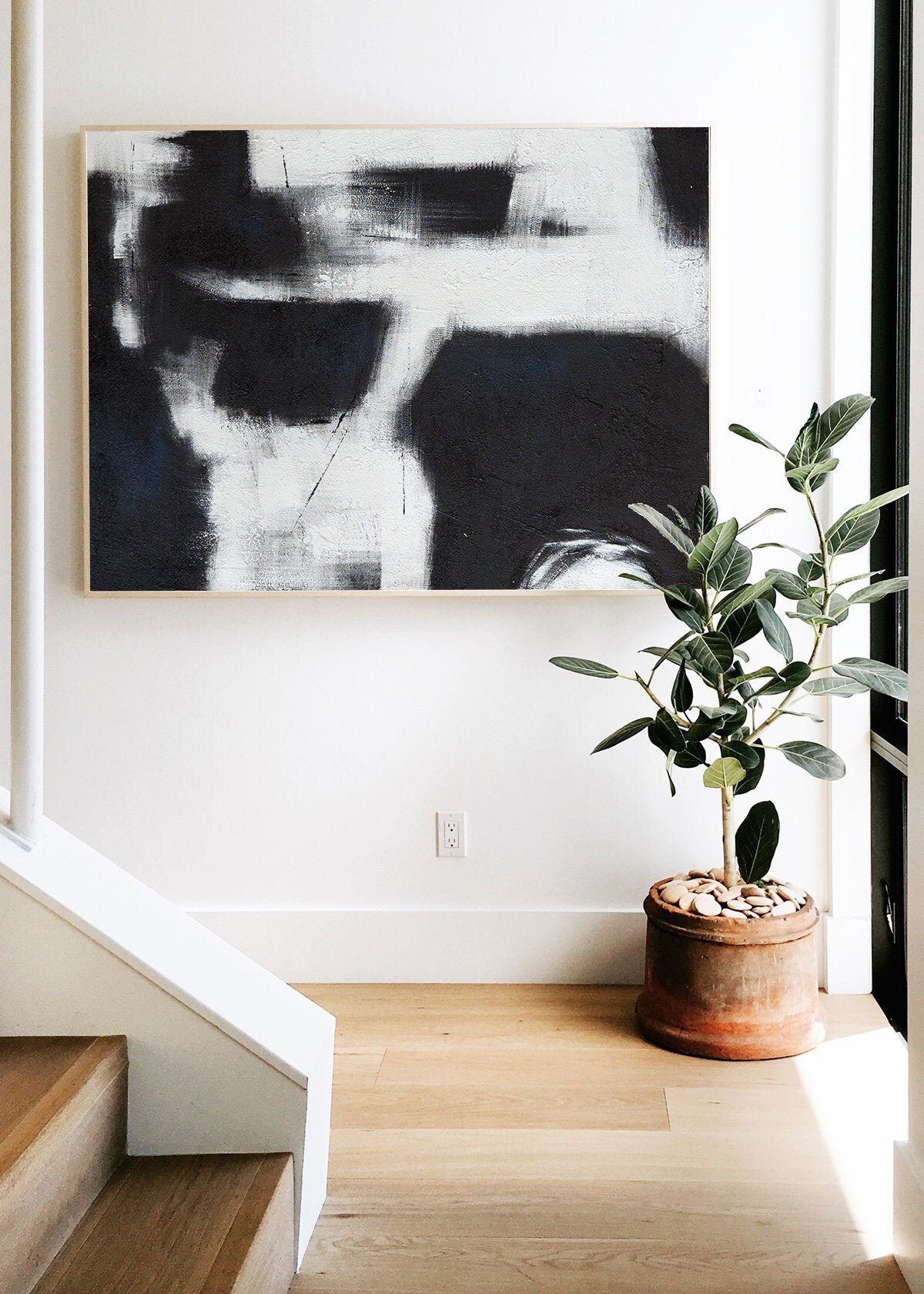 Black and White Abstract Painting, Original Hand-Painted Acrylic Painting on Canvas, Modern Minimalist Canvas Wall Art