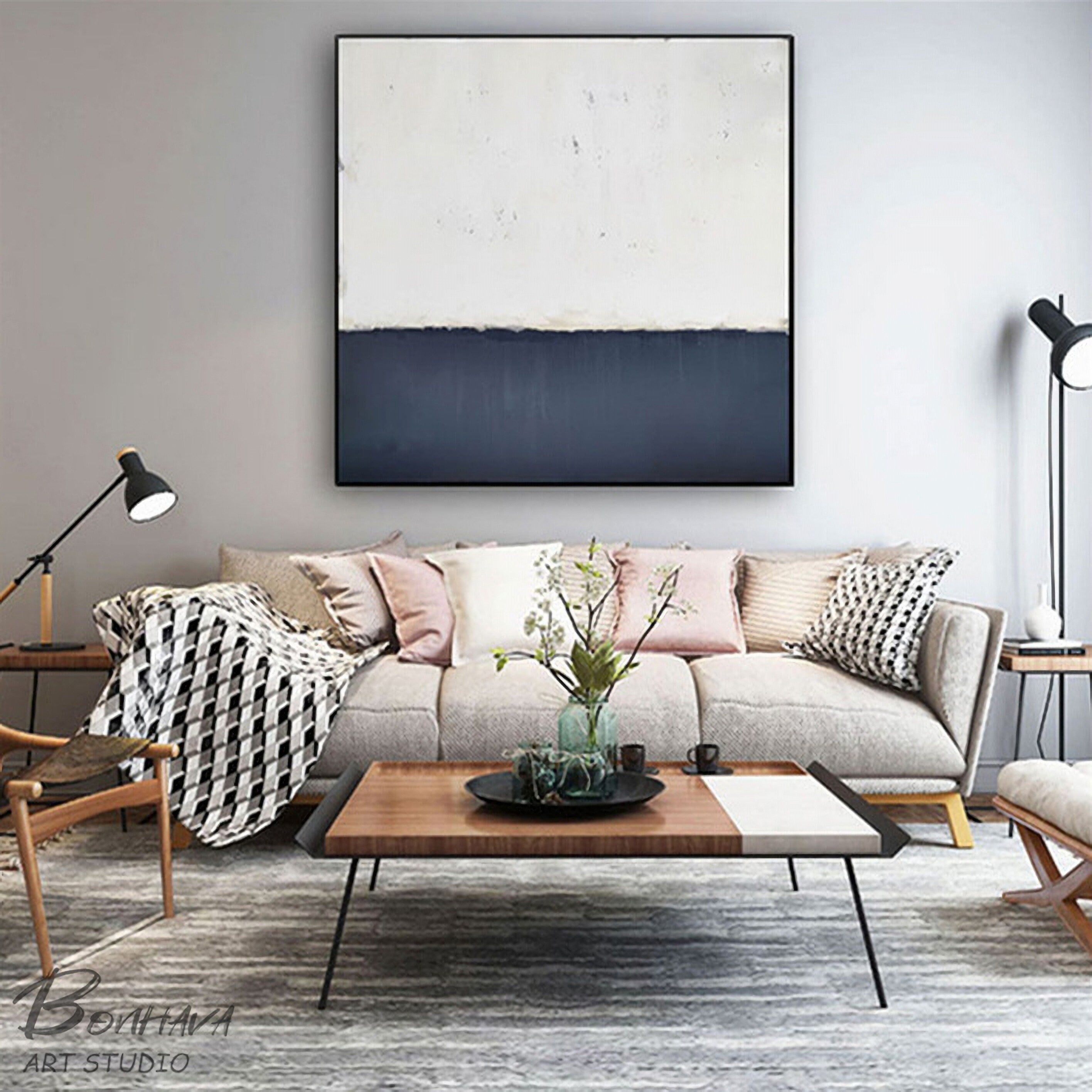 Abstract Canvas Wall Art, Modern Abstract Painting, Blue Canvas Painting Artwork, White Canvas Wall Art for Bedroom