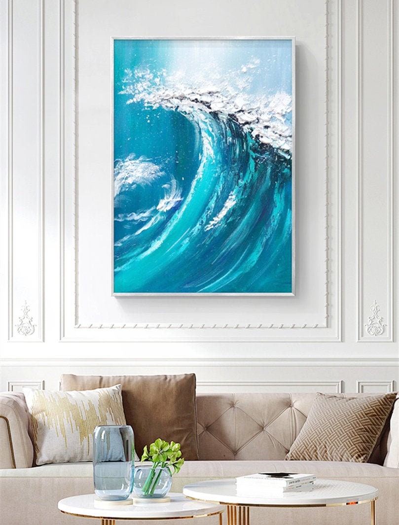 Textured Ocean Waves Wall Art, Abstract Seascape Canvas Wall Art Painting, Original Blue Oil Painting on Canvas