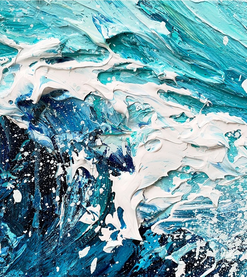 Textured Ocean Waves Canvas Wall Art, Abstract Seascape Painting on Canvas, Original Blue Artwork for Bedroom
