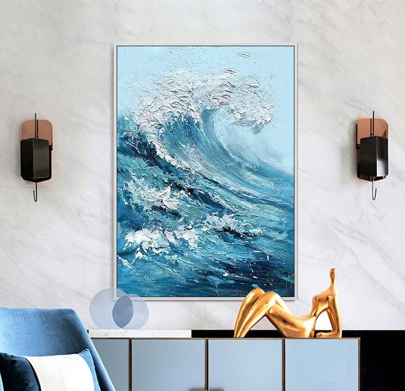 Textured Ocean Waves Canvas Wall Art, Abstract Seascape Painting on Canvas, Original Blue Artwork for Bedroom