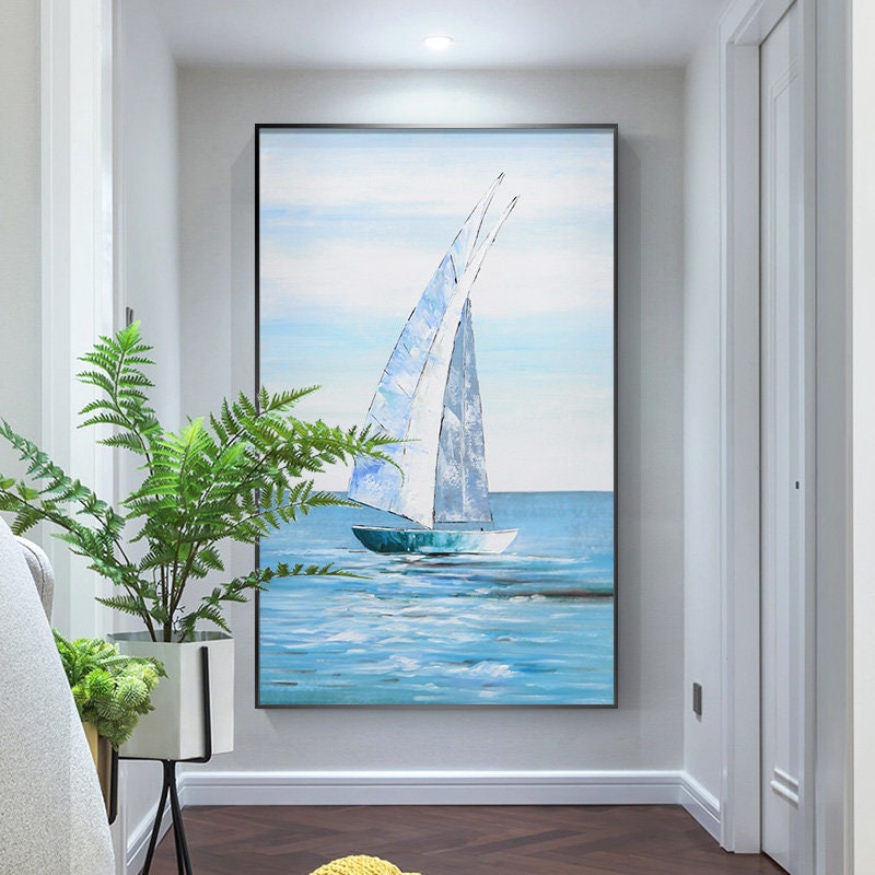 Large Sailboat Oil Painting, Original Sailing Boat Canvas Wall Art, Abstract Ship Acrylic Painting on Canvas, Ocean Seascape…