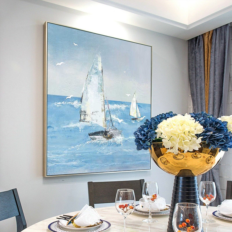 Original Sailboat Oil Painting, Abstract Sailing Boat Painting on Canvas, Textured Ocean Painting Canvas, Modern Nautical…