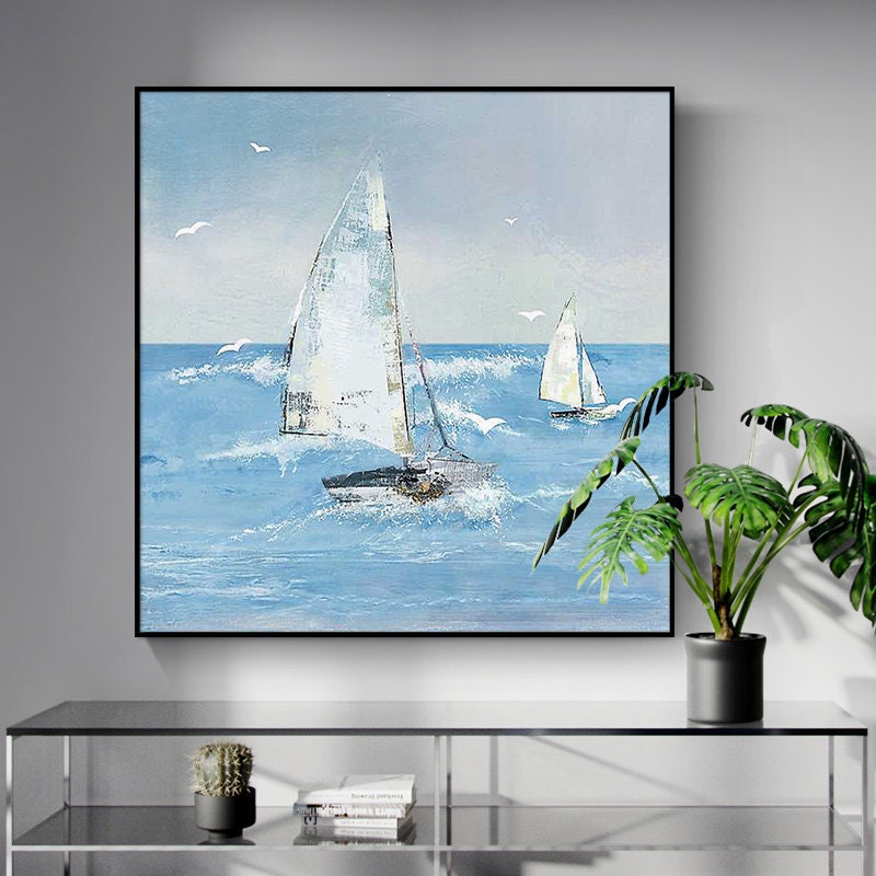 Original Sailboat Oil Painting, Abstract Sailing Boat Painting on Canvas, Textured Ocean Painting Canvas, Modern Nautical…