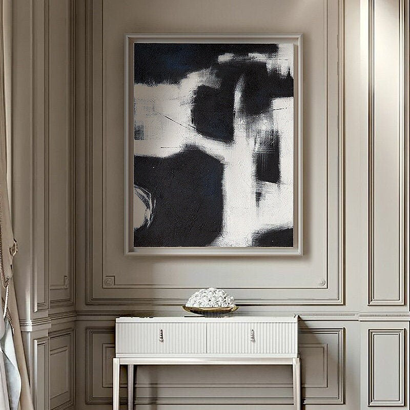 Black and White Abstract Painting, Original Hand-Painted Acrylic Painting on Canvas, Modern Minimalist Canvas Wall Art