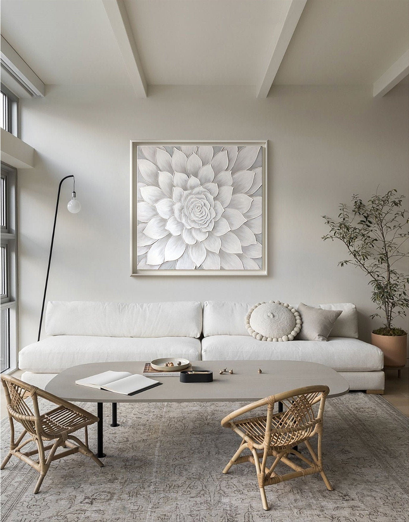 Large Textured Wall Art, Original Floral Painting on Canvas, Abstract Grey Flower Acrylic Painting
