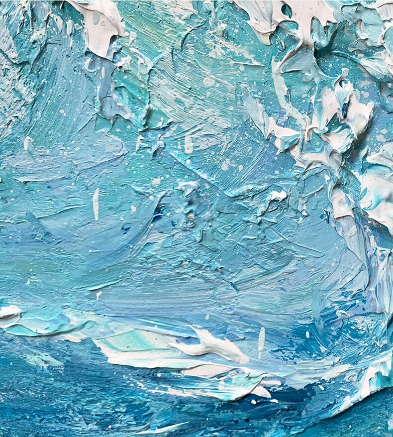Textured Ocean Waves Canvas Wall Art, Abstract Seascape Painting on Canvas, Original Blue Artwork for Bedroom