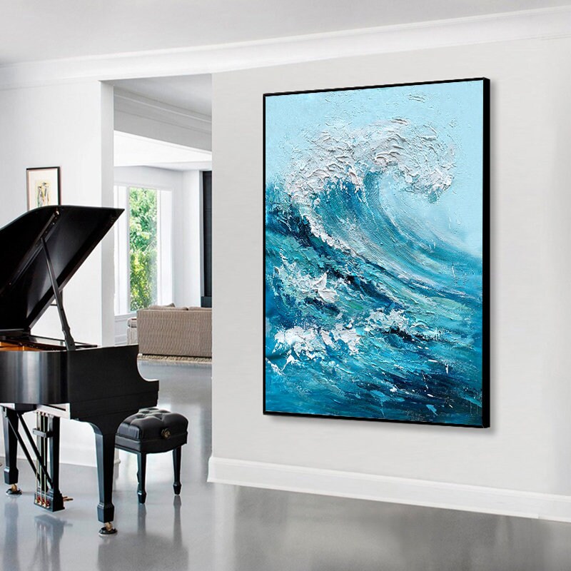 Textured Ocean Waves Canvas Wall Art, Abstract Seascape Painting on Canvas, Original Blue Artwork for Bedroom