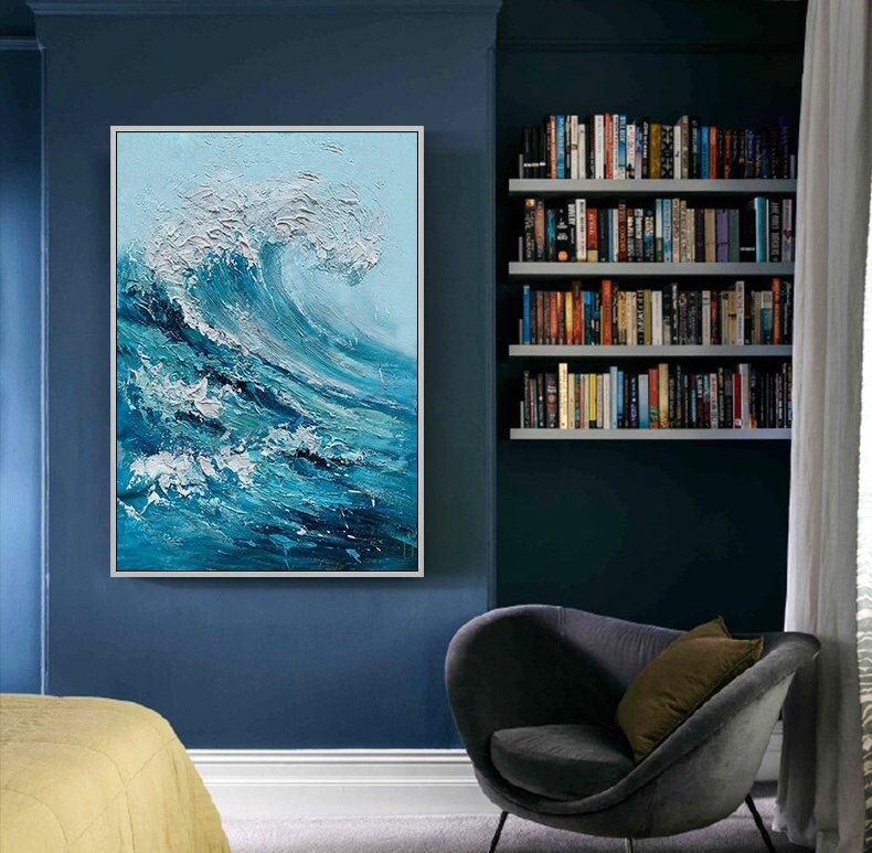 Textured Ocean Waves Canvas Wall Art, Abstract Seascape Painting on Canvas, Original Blue Artwork for Bedroom