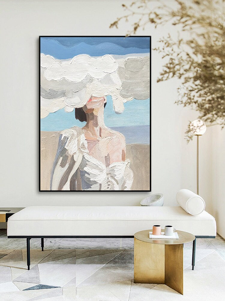 Large Abstract Painting Original, Minimalist Art Abstract Painting, Modern Women Art Painting Blue Canvas Painting, Over Sofa…