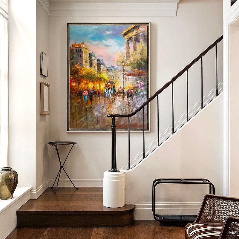 Original Paris Cityscape Oil Painting, Large Canvas Wall Art Paris City Landscape Painting on Canvas