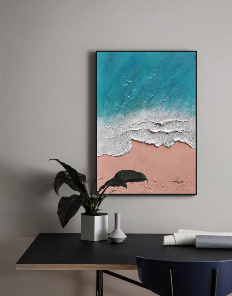 Ocean Oil Painting Large Coastal Painting On Canvas Sea Landscape Painting Large Wall Sky Sea Painting People on the beach…