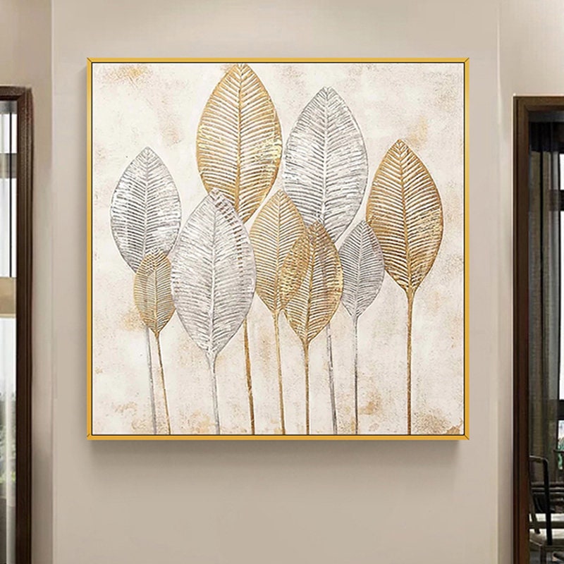 Original Abstract Leaves Wall Art, Large Golden Leaves Oil Painting on Canvas, Modern Abstract Acrylic Wall Decor for Bedroom