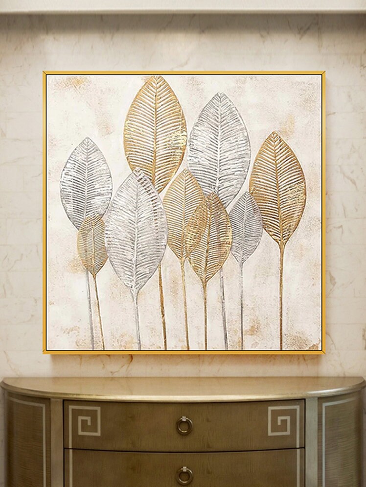 Original Abstract Leaves Wall Art, Large Golden Leaves Oil Painting on Canvas, Modern Abstract Acrylic Wall Decor for Bedroom