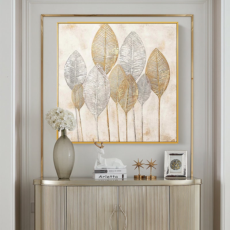 Original Abstract Leaves Wall Art, Large Golden Leaves Oil Painting on Canvas, Modern Abstract Acrylic Wall Decor for Bedroom
