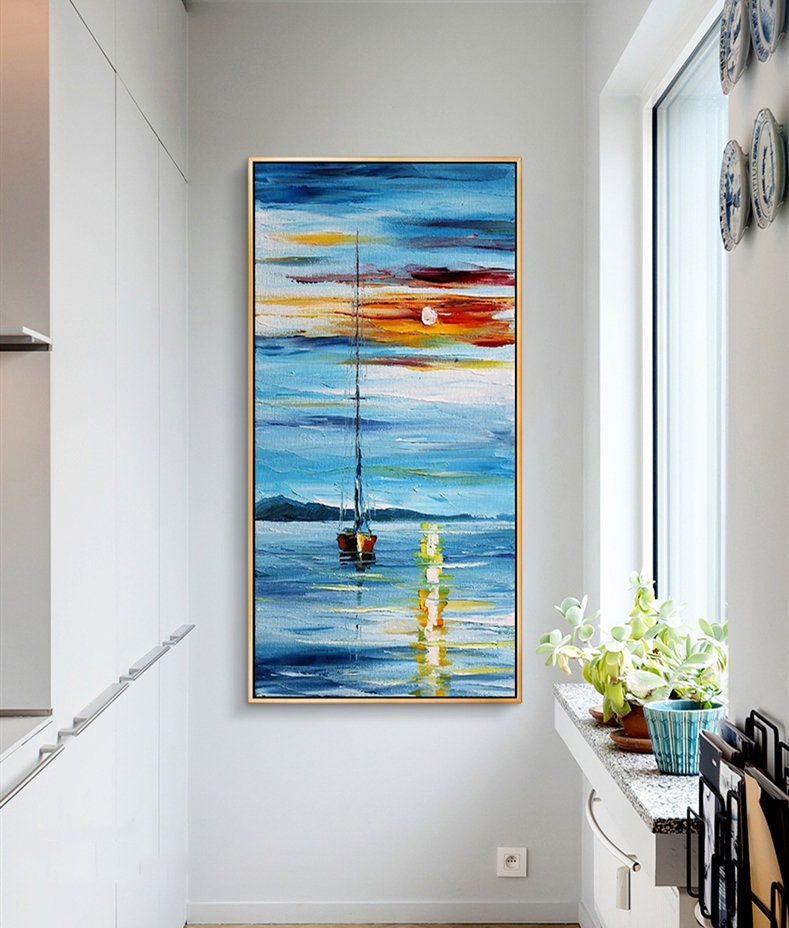 Large Sailboat Painting, Blue Ocean Painting, Abstract Painting of Sailboat, Nautical Oil Painting Art on Canvas, Blue Waves…
