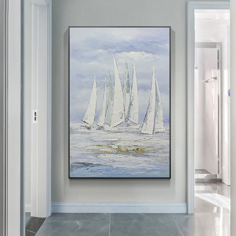Original Sailboat Oil Painting, Abstract Painting of Sailboat, Nautical Oil Painting Art on Canvas, Canvas Wall Painting