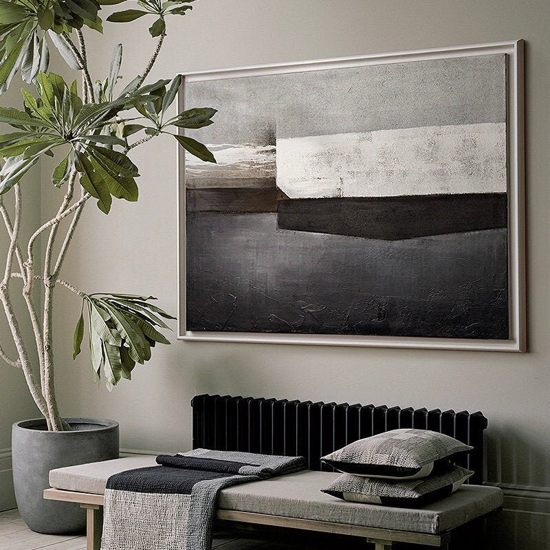 Grey and Black Oil Painting, Large Abstract Canvas Wall Art, Minimalist Wall Painting on Canvas, Blank Wall Decor for Living…