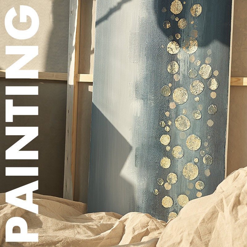 Blue Gold Hand Painted Painting on Canvas, Original Abstract Wall Art, Large Textured Art for Bedroom Living Dining Room