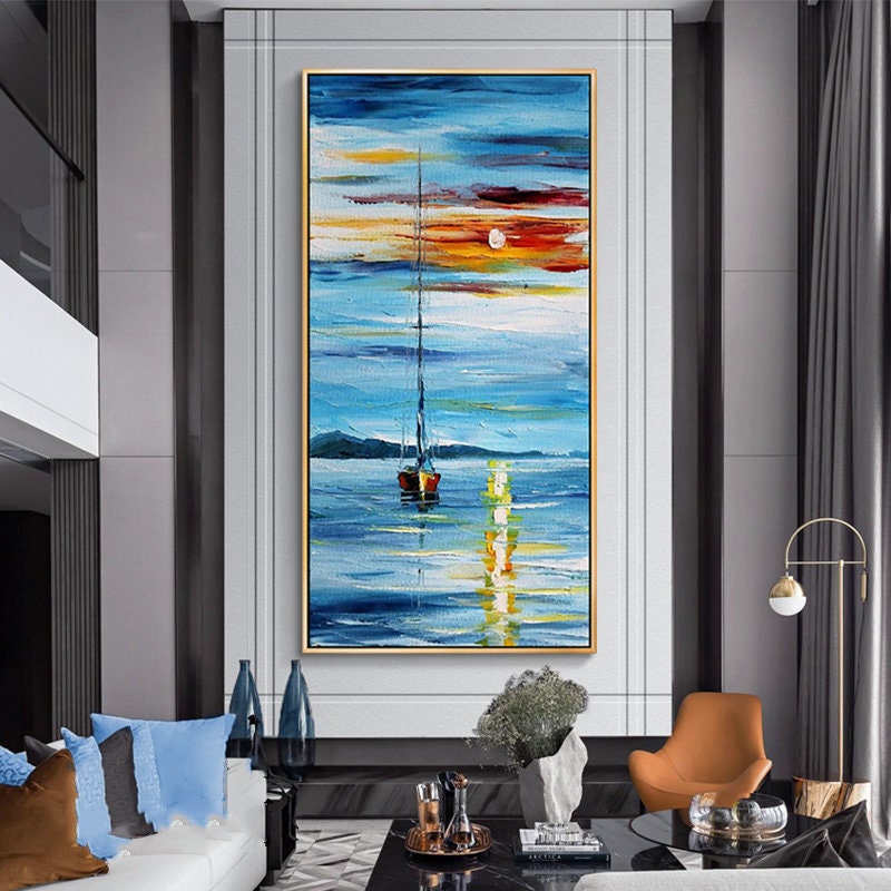 Large Sailboat Painting, Blue Ocean Painting, Abstract Painting of Sailboat, Nautical Oil Painting Art on Canvas, Blue Waves…