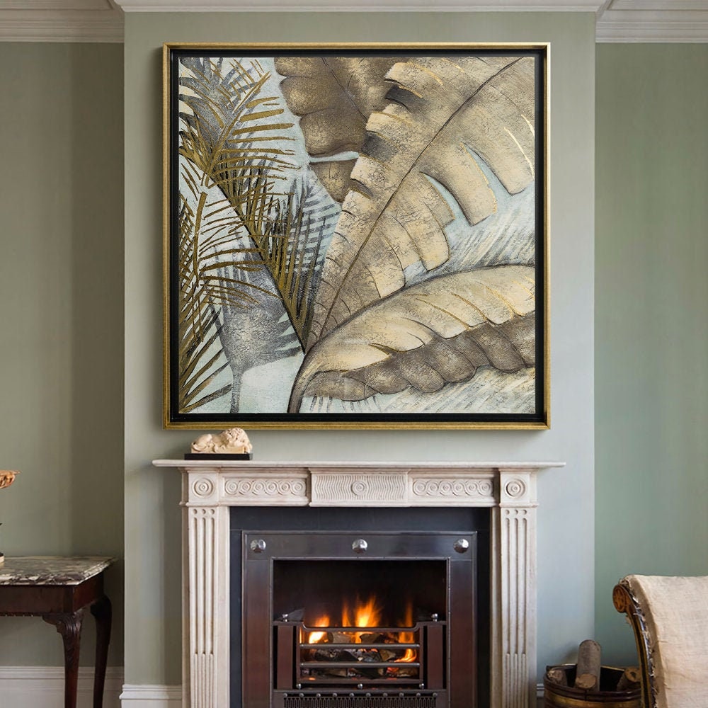 Original Abstract Leaves Wall Art, Large Gold Leaves Oil Painting on Canvas, Modern Abstract Acrylic Wall Decor for Bedroom