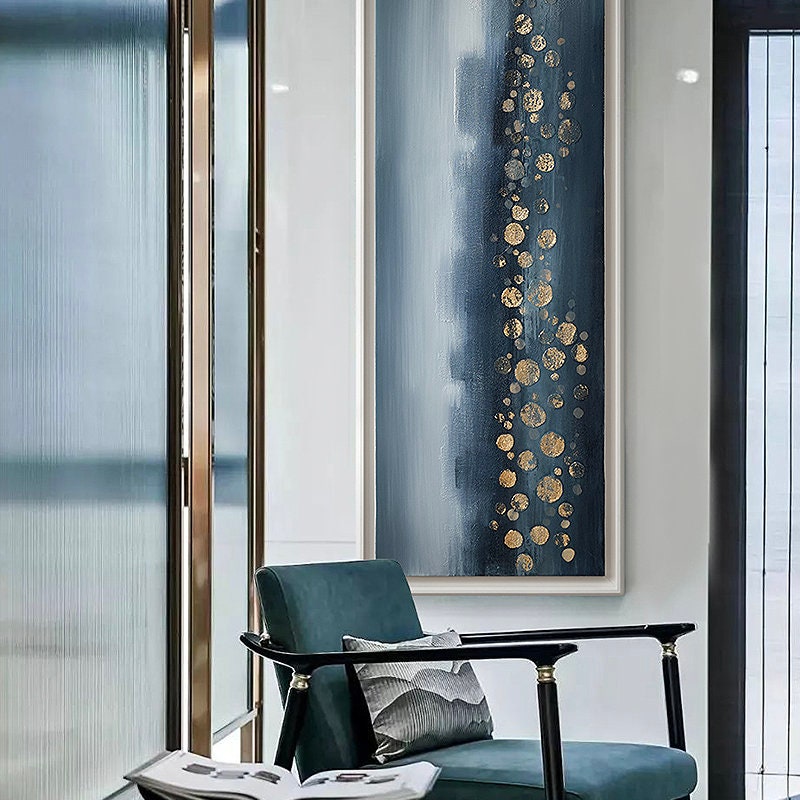 Blue Gold Hand Painted Painting on Canvas, Original Abstract Wall Art, Large Textured Art for Bedroom Living Dining Room