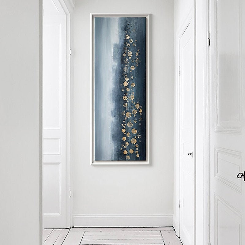 Blue Gold Hand Painted Painting on Canvas, Original Abstract Wall Art, Large Textured Art for Bedroom Living Dining Room