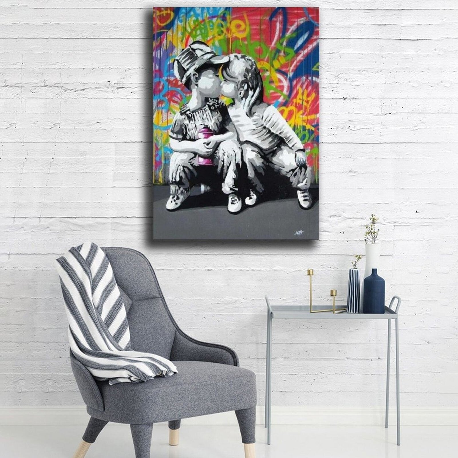Kids Kissing Banksy Art Painting, Hand Painted Canvas Painting, Street Art, Banksy Graffiti Wall Art, Urban Graphiti Wall Art