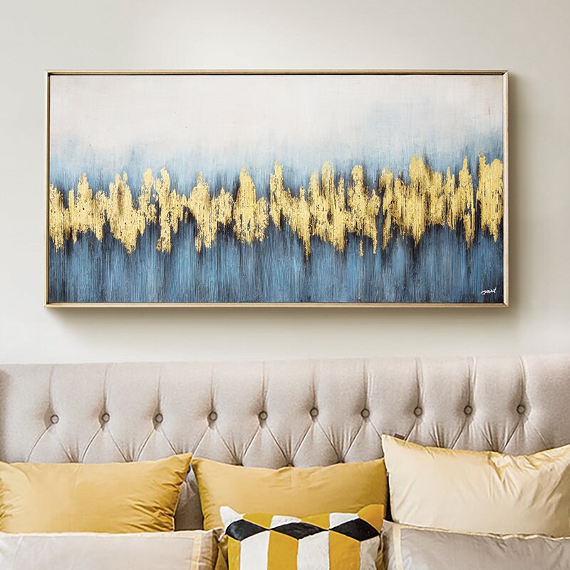 Gold Blue Canvas Wall Art, Original Textured Oil Painting, Hand Painted Abstract Acrylic Art