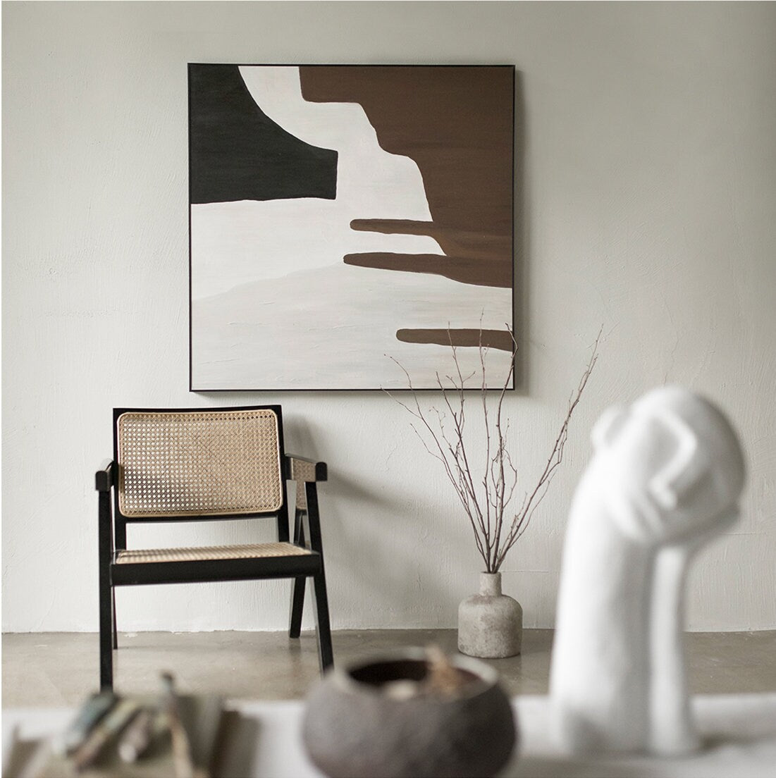 Minimalist Canvas Wall Art, Black and Brown Abstract Painting, Large Acrylic Painting on Canvas, Modern Wall Decor