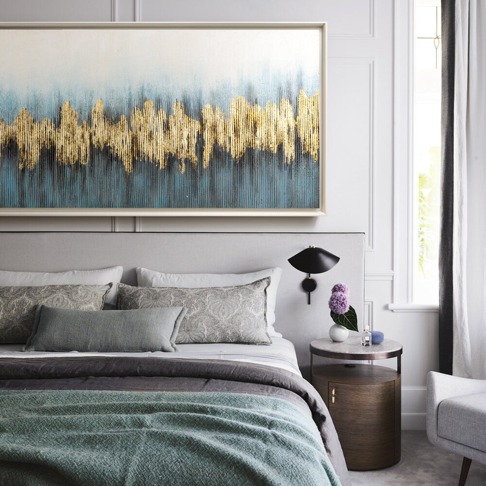 Gold Blue Canvas Wall Art, Original Textured Oil Painting, Hand Painted Abstract Acrylic Art