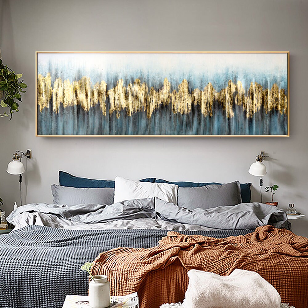 Gold Blue Canvas Wall Art, Original Textured Oil Painting, Hand Painted Abstract Acrylic Art