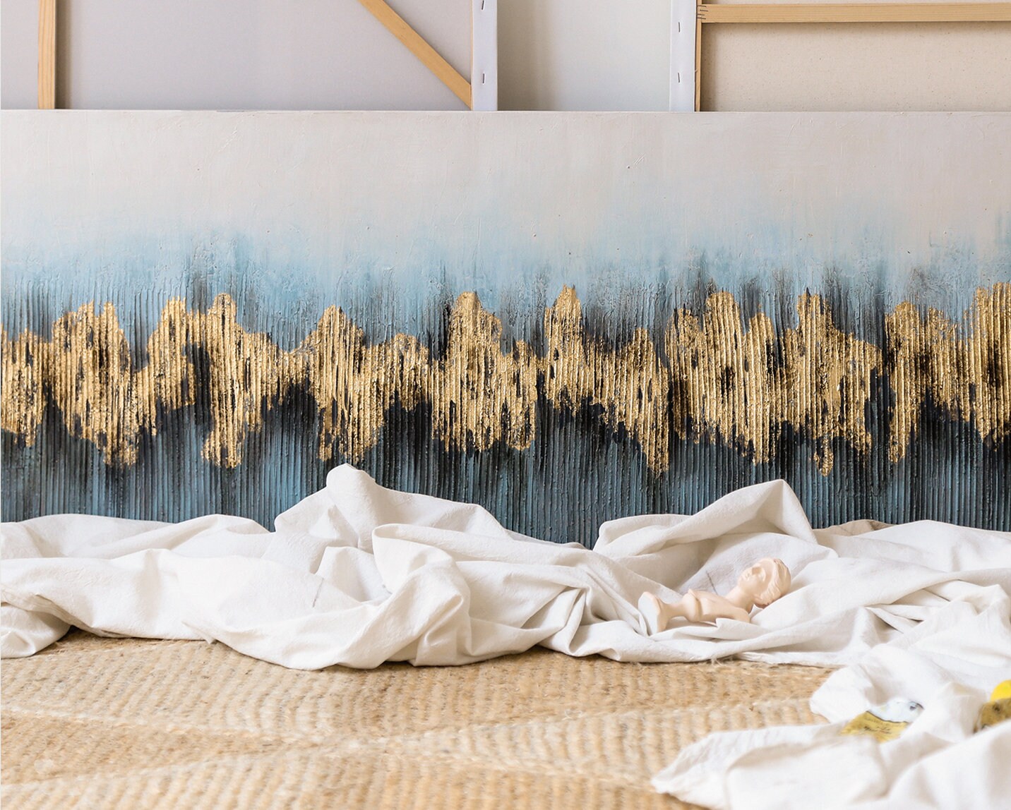 Gold Blue Canvas Wall Art, Original Textured Oil Painting, Hand Painted Abstract Acrylic Art
