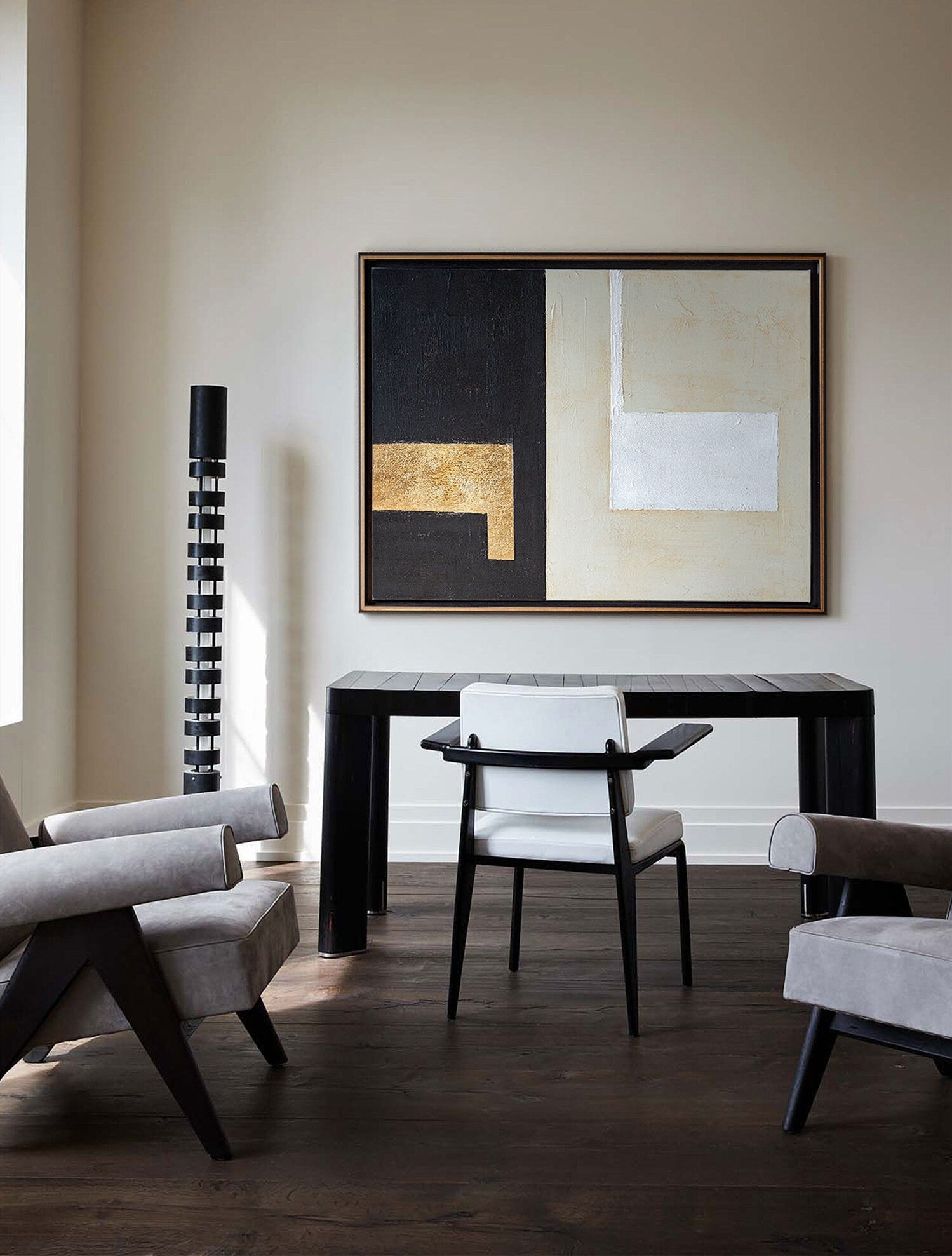 Minimalist Acrylic Canvas Painting, Textured Abstract Wall Art, Black and Cream Painting, Hand Painted Painting on Canvas