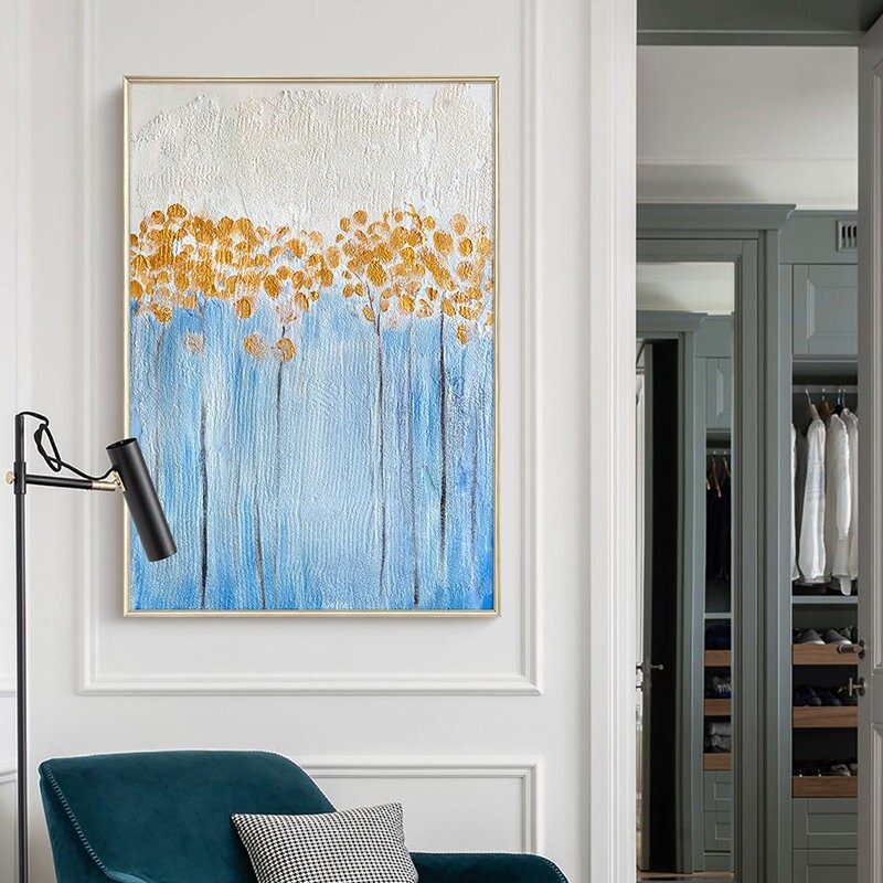 Textured Flower Wall Art, Original Floral Painting on Canvas, Framed Abstract Blue and Gold Flower Acrylic Painting