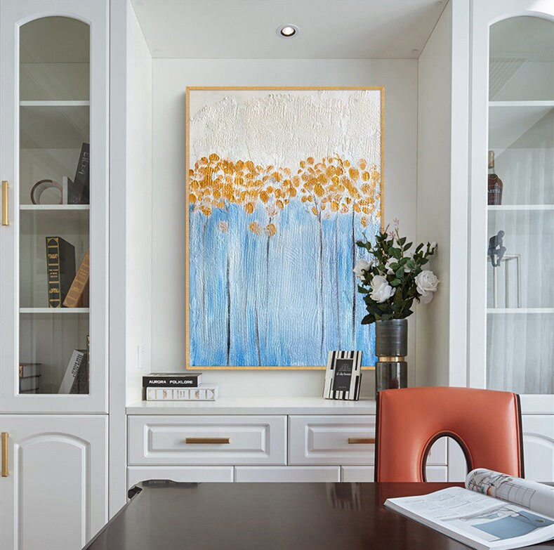 Textured Flower Wall Art, Original Floral Painting on Canvas, Framed Abstract Blue and Gold Flower Acrylic Painting
