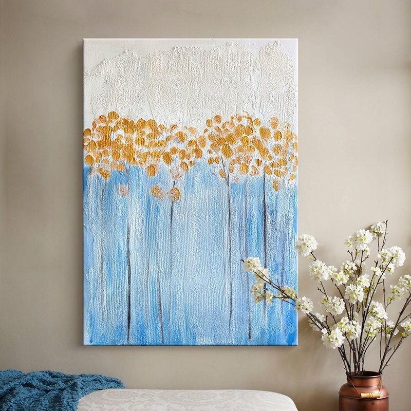 Textured Flower Wall Art, Original Floral Painting on Canvas, Framed Abstract Blue and Gold Flower Acrylic Painting