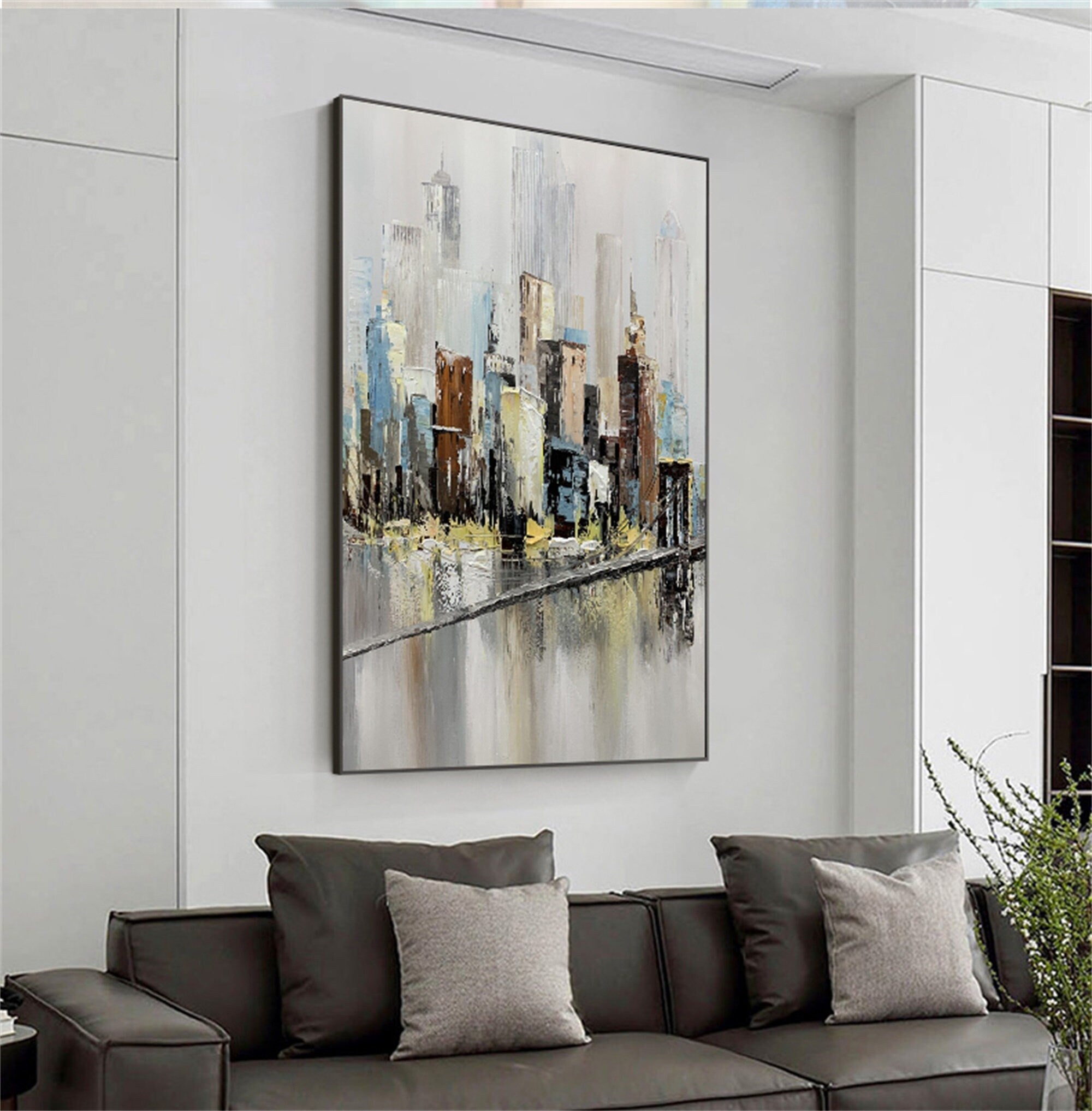 Brooklyn Bridge Original Canvas Wall Art, Abstract New York Cityscape Oil Painting, Manhattan Skyline Painting Bedroom