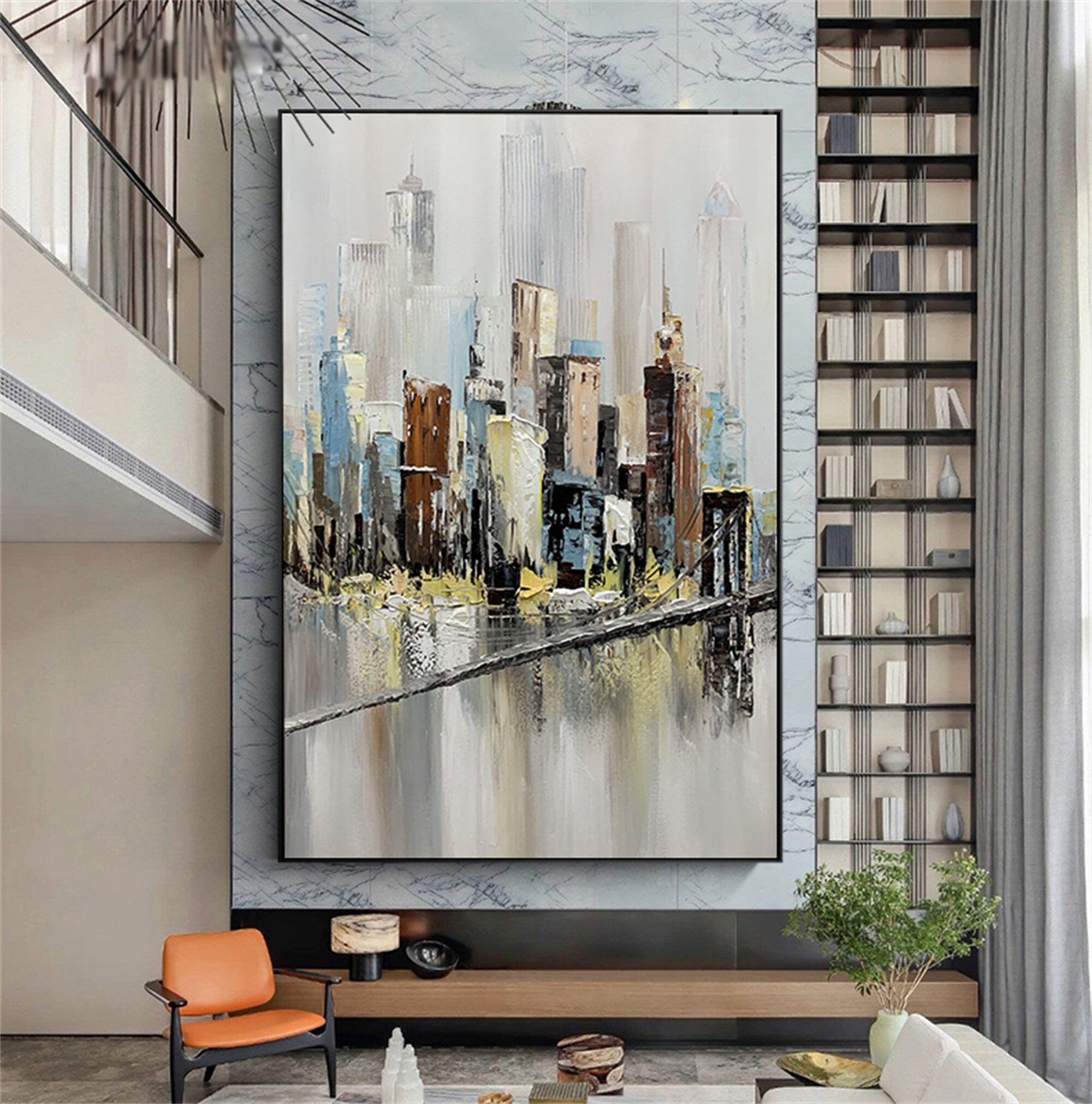 Brooklyn Bridge Original Canvas Wall Art, Abstract New York Cityscape Oil Painting, Manhattan Skyline Painting Bedroom