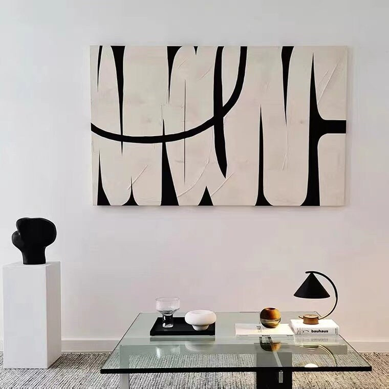 Black and White Abstract Wall Art, Framed Hand-Painted Abstract Canvas Painting, Original Art for Bedroom Living Room Office