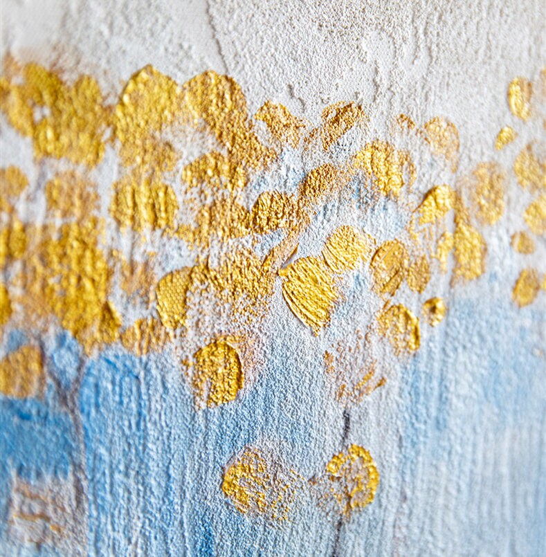 Textured Flower Wall Art, Original Floral Painting on Canvas, Framed Abstract Blue and Gold Flower Acrylic Painting