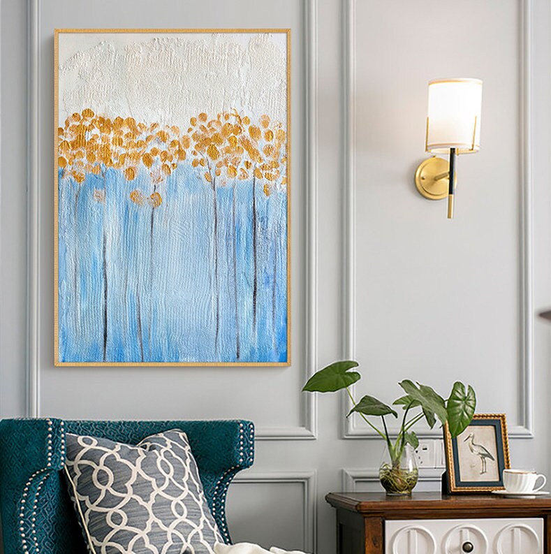 Textured Flower Wall Art, Original Floral Painting on Canvas, Framed Abstract Blue and Gold Flower Acrylic Painting