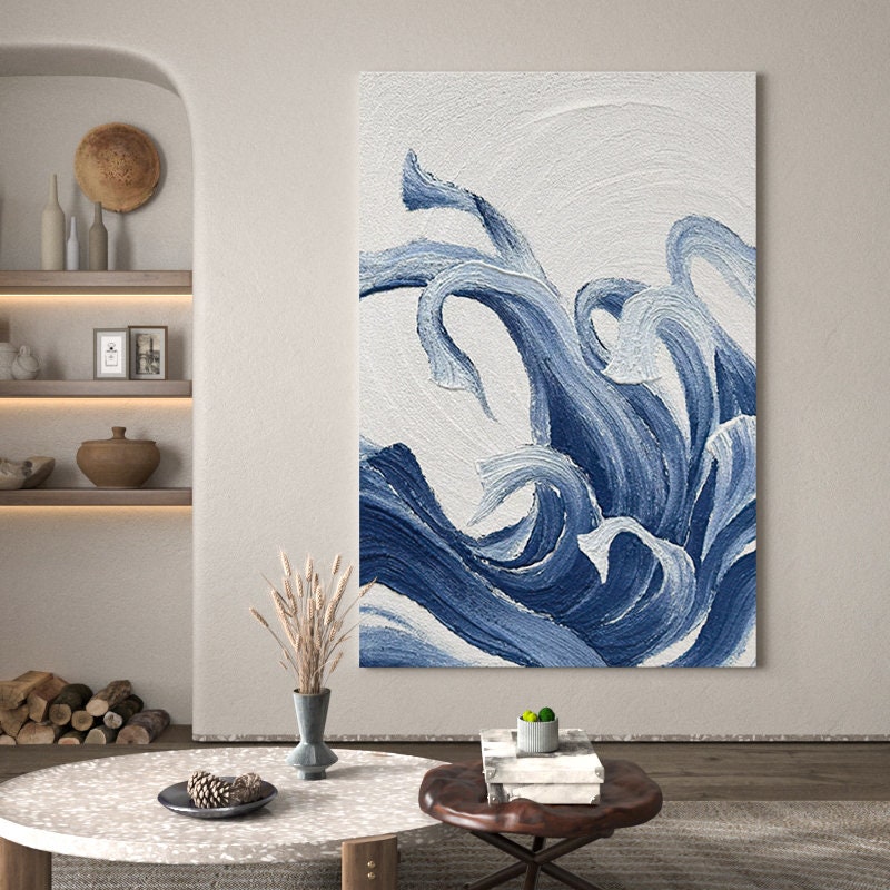 Textured Ocean Waves Wall Art, Blue Abstract Acrylic Art Painting on Canvas, Modern Oil Painting for Bedroom