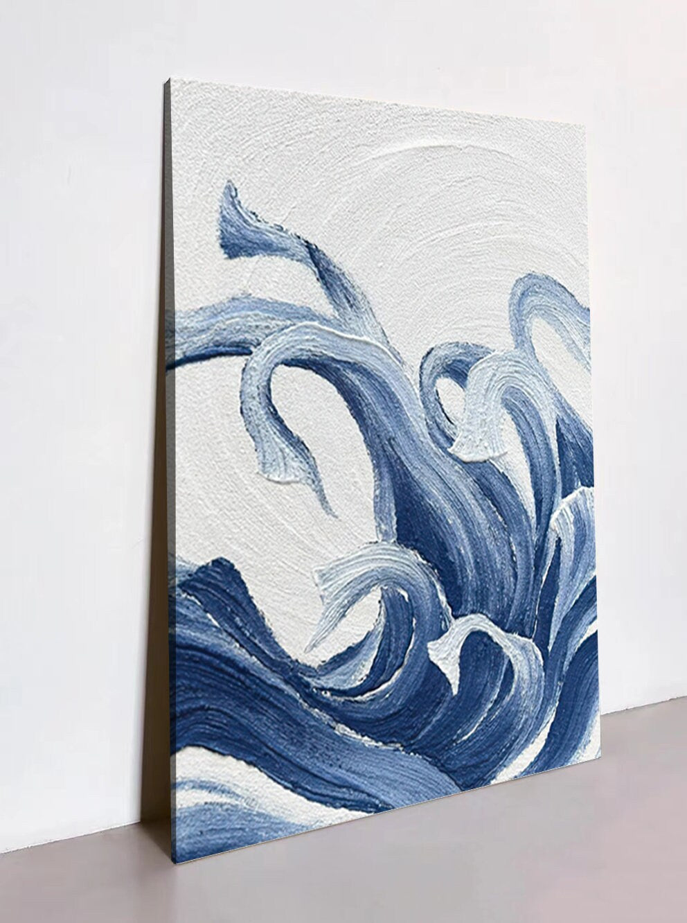 Textured Ocean Waves Wall Art, Blue Abstract Acrylic Art Painting on Canvas, Modern Oil Painting for Bedroom