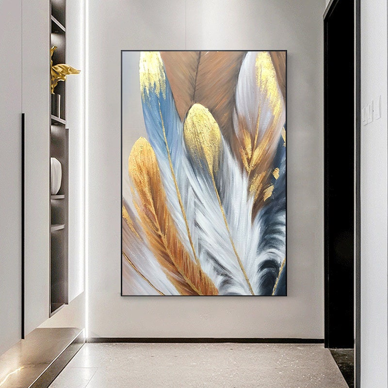 Large Abstract Feather Oil Painting on Canvas, Original Blue Gold Bird Feather Textured Acrylic Painting Boho Wall Art Living…