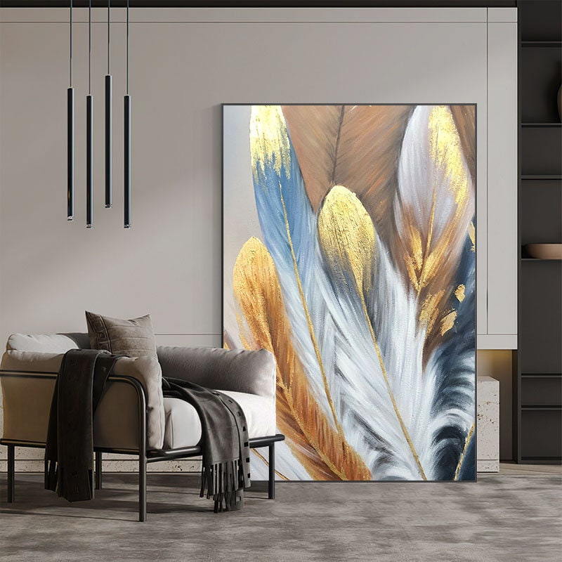Large Abstract Feather Oil Painting on Canvas, Original Blue Gold Bird Feather Textured Acrylic Painting Boho Wall Art Living…