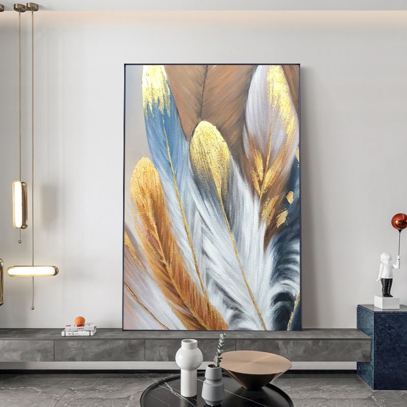 Large Abstract Feather Oil Painting on Canvas, Original Blue Gold Bird Feather Textured Acrylic Painting Boho Wall Art Living…