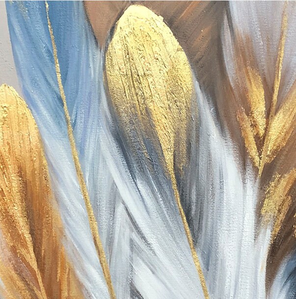 Large Abstract Feather Oil Painting on Canvas, Original Blue Gold Bird Feather Textured Acrylic Painting Boho Wall Art Living…