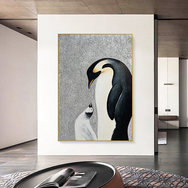 Abstract Penguin Oil painting on Canvas, Large Original Penguin Canvas Wall Art, Modern Animal Painting for Living Room, Art…