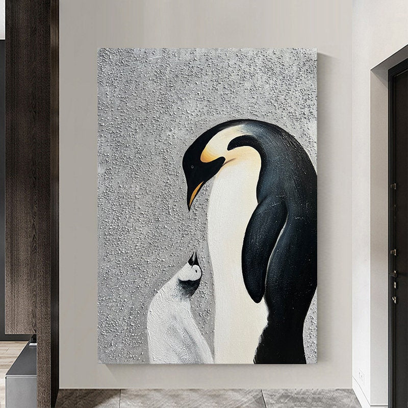 Abstract Penguin Oil painting on Canvas, Large Original Penguin Canvas Wall Art, Modern Animal Painting for Living Room, Art…